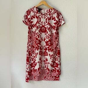 INC Red/White Damask Floral Print Sheer Shift Tunic Dress